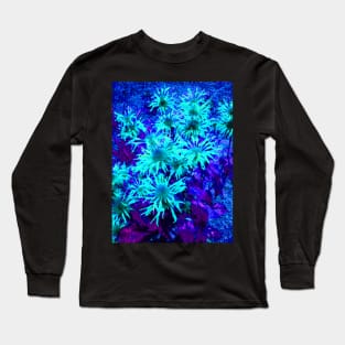 Blue garden with fluorescent flowers Long Sleeve T-Shirt